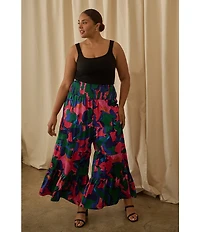 Sugarlips Plus Size Gem Tone Abstract Printed Satin Wide Leg Pants