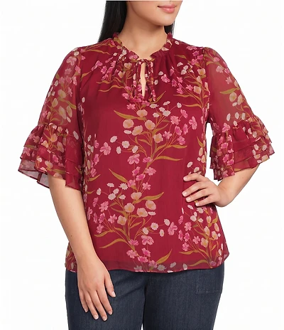 Sugarlips Plus Size Ginnie Floral Print Keyhole Neck Ruffle Half Sleeve Top