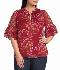 Sugarlips Plus Size Ginnie Floral Print Keyhole Neck Ruffle Half Sleeve Top