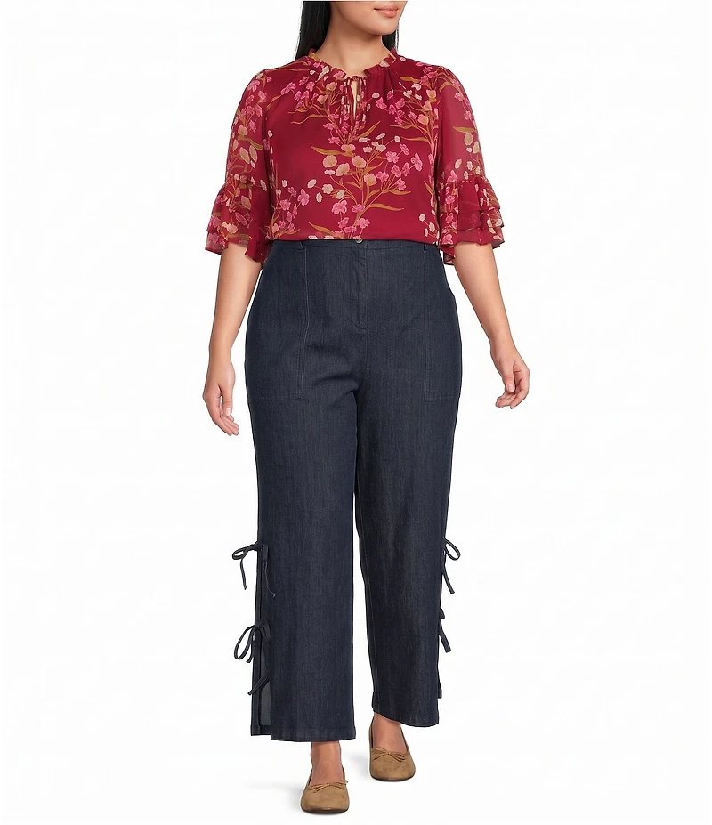 Sugarlips Plus Size Ginnie Floral Print Keyhole Neck Ruffle Half Sleeve Top