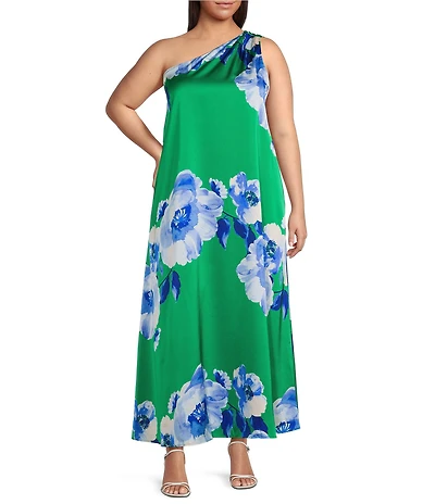 Sugarlips Plus Size Glena Floral Printed One-Shoulder Sleeveless Satin Maxi Dress