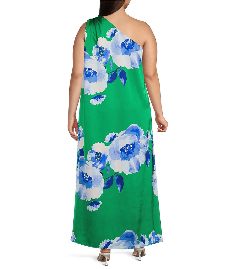 Sugarlips Plus Size Glena Floral Printed One-Shoulder Sleeveless Satin Maxi Dress