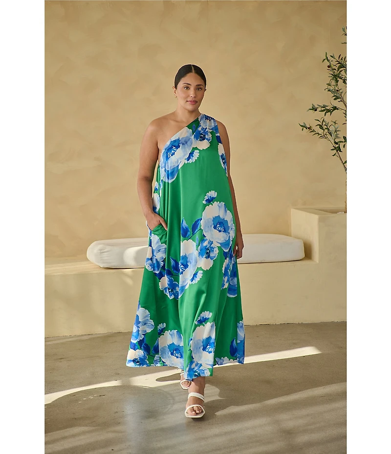 Sugarlips Plus Size Glena Floral Printed One-Shoulder Sleeveless Satin Maxi Dress