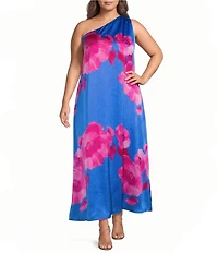 Sugarlips Plus Size Glena Floral Printed One-Shoulder Sleeveless Satin Maxi Dress