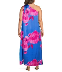 Sugarlips Plus Size Glena Floral Printed One-Shoulder Sleeveless Satin Maxi Dress