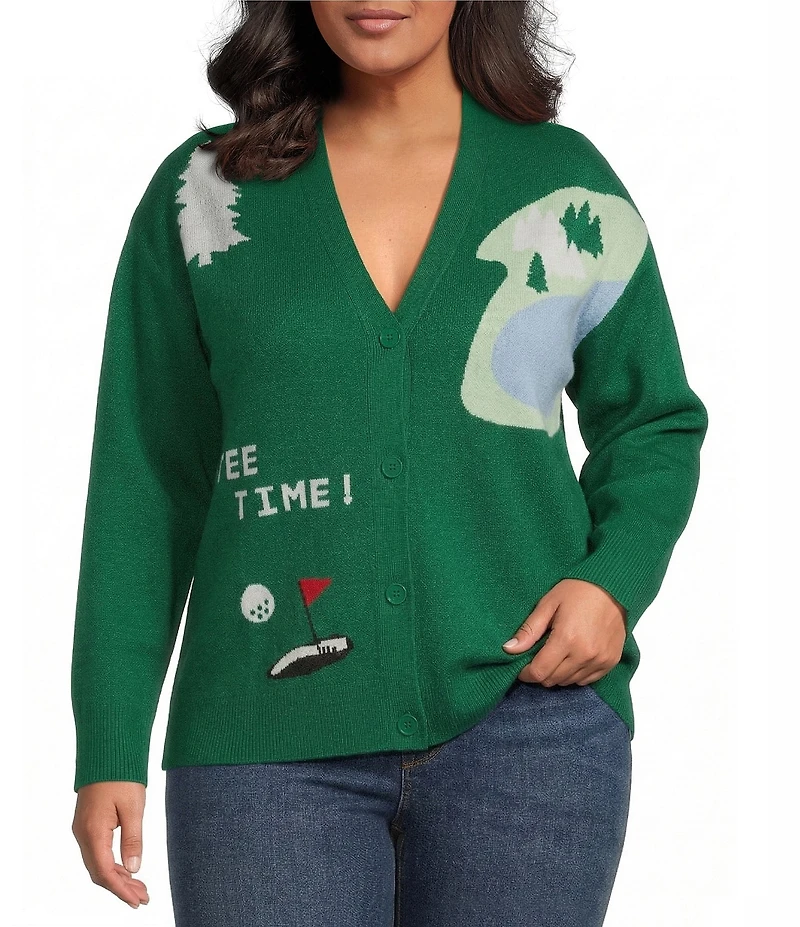 Sugarlips Plus Size Golf Print V-Neck Long Sleeve Drop Shoulder Cardigan Sweater