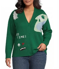 Sugarlips Plus Size Golf Print V-Neck Long Sleeve Drop Shoulder Cardigan Sweater