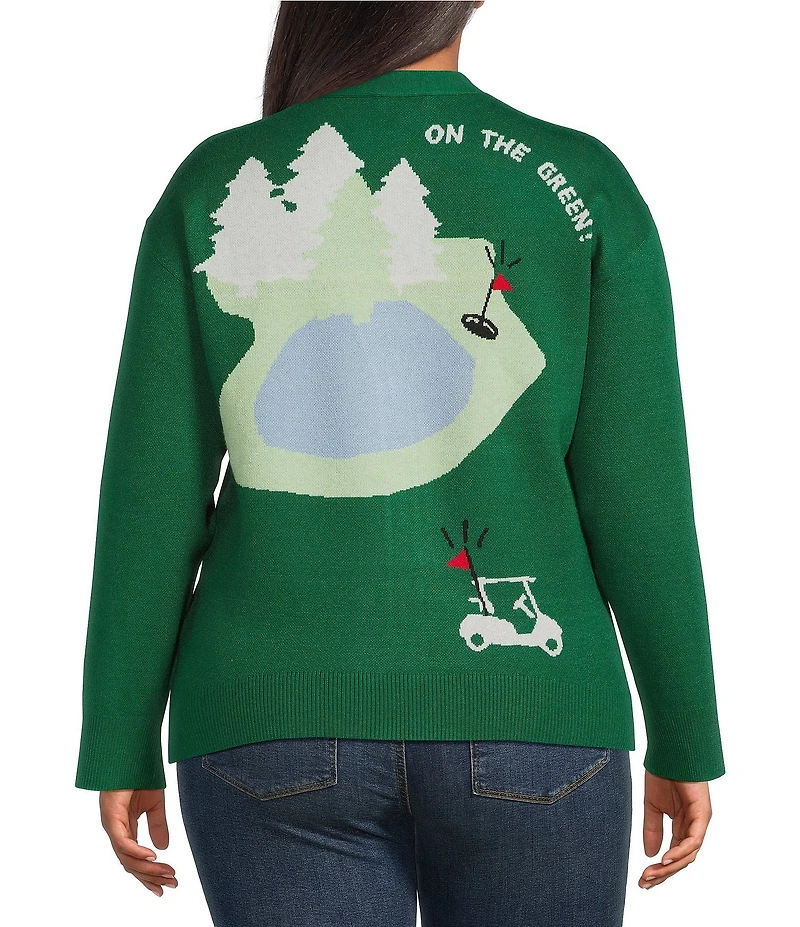 Sugarlips Plus Size Golf Print V-Neck Long Sleeve Drop Shoulder Cardigan Sweater