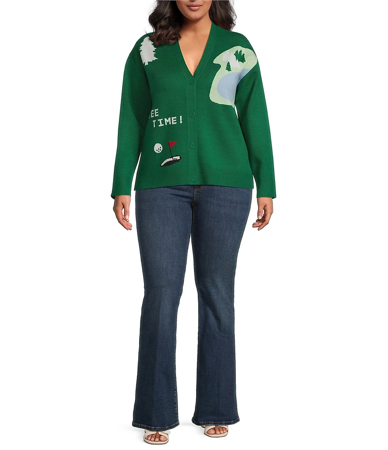Sugarlips Plus Size Golf Print V-Neck Long Sleeve Drop Shoulder Cardigan Sweater