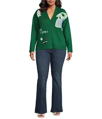 Sugarlips Plus Size Golf Print V-Neck Long Sleeve Drop Shoulder Cardigan Sweater