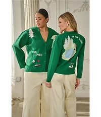 Sugarlips Plus Size Golf Print V-Neck Long Sleeve Drop Shoulder Cardigan Sweater