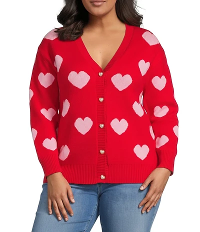 Sugarlips Plus Size Heart Print Crew Neck Long Sleeve Heart Buttons Cardigan