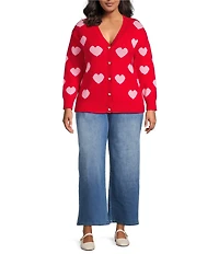 Sugarlips Plus Size Heart Print Crew Neck Long Sleeve Heart Buttons Cardigan