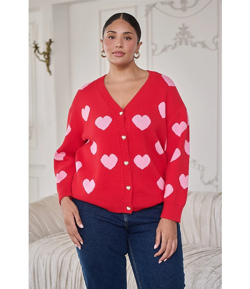 Sugarlips Plus Size Heart Print Crew Neck Long Sleeve Heart Buttons Cardigan