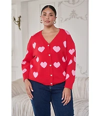 Sugarlips Plus Size Heart Print Crew Neck Long Sleeve Heart Buttons Cardigan