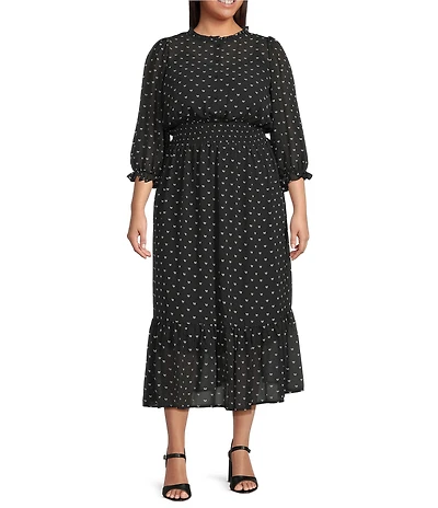 Sugarlips Plus Size Irene Bow Printed Long Sleeve Smocked Midi Dress