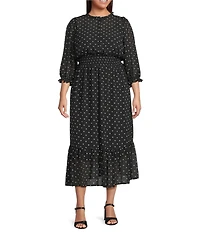Sugarlips Plus Size Irene Bow Printed Long Sleeve Smocked Midi Dress