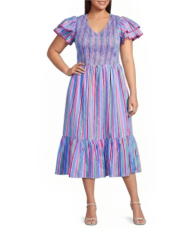 Sugarlips Plus Size Jaimie Striped Print Tiered V-Neck Ruffle Sleeve Poplin Midi Dress