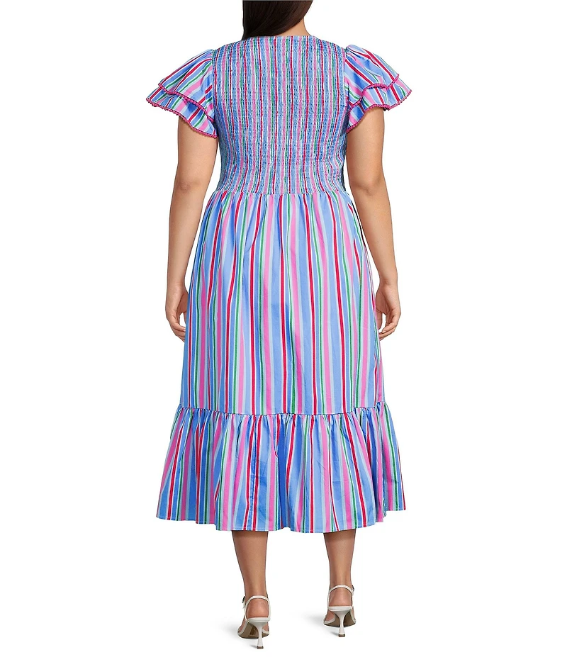 Sugarlips Plus Size Jaimie Striped Print Tiered V-Neck Ruffle Sleeve Poplin Midi Dress