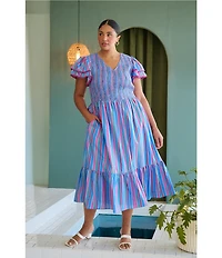 Sugarlips Plus Size Jaimie Striped Print Tiered V-Neck Ruffle Sleeve Poplin Midi Dress