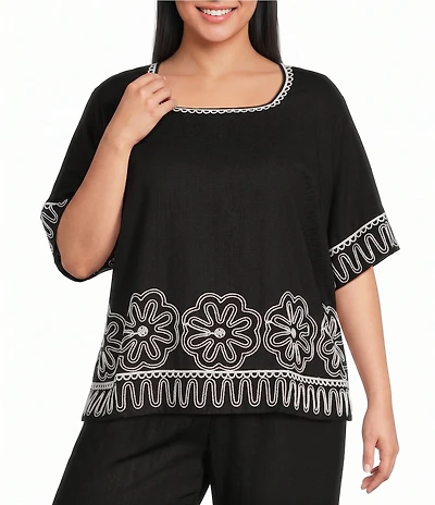 Sugarlips Plus Size Jaren Floral Embroidered Square Neck Long Sleeve Coordinating Linen Top