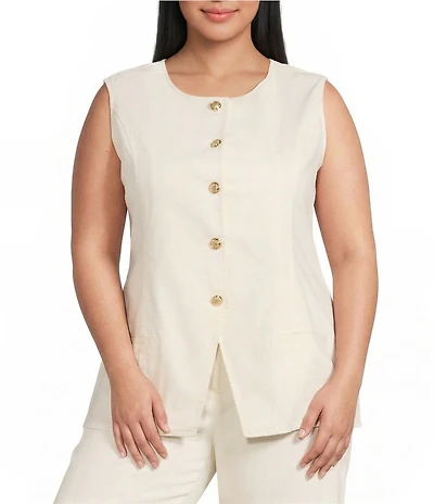 Sugarlips Plus Size Jeanie Crew Neck Sleeveless Button Front Coordinating Denim Vest