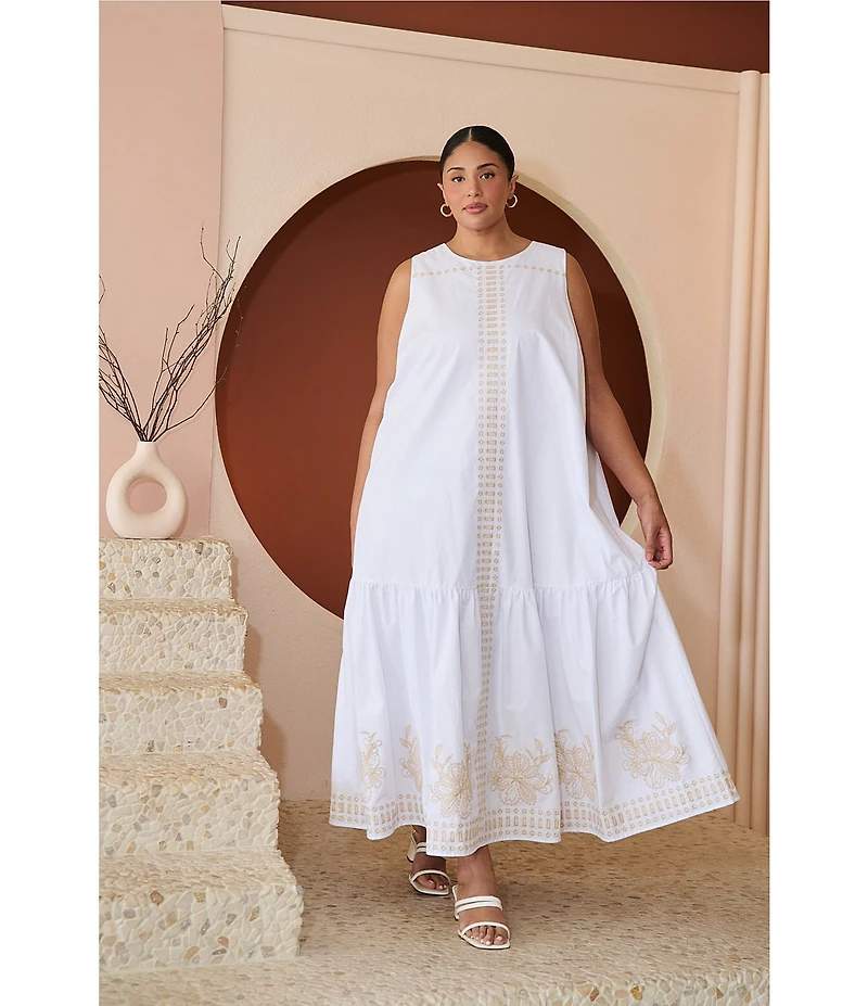 Sugarlips Plus Size Jilliani Embriodered Round Neck Sleeveless Maxi Shift Dress