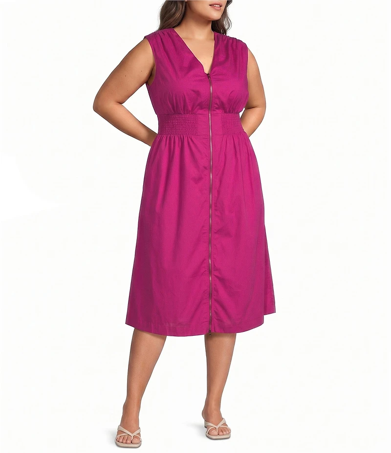 Sugarlips Plus Size Joslyn Zip Front V-Neck Sleeveless A-Line Midi Dress