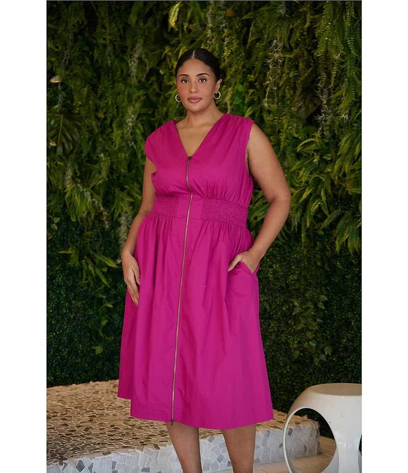 Sugarlips Plus Size Joslyn Zip Front V-Neck Sleeveless A-Line Midi Dress