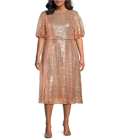Sugarlips Plus Size Kelsa Sequin Round Neck Short Puffy Sleeves A-Line Midi Dress