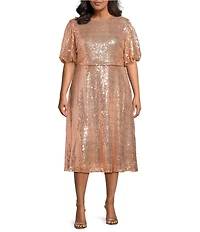 Sugarlips Plus Size Kelsa Sequin Round Neck Short Puffy Sleeves A-Line Midi Dress