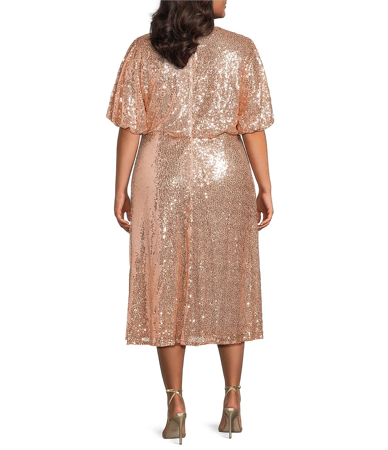 Sugarlips Plus Size Kelsa Sequin Round Neck Short Puffy Sleeves A-Line Midi Dress