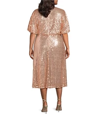 Sugarlips Plus Size Kelsa Sequin Round Neck Short Puffy Sleeves A-Line Midi Dress