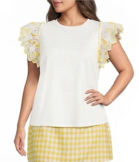 Sugarlips Plus Size Keny Round Neck Ruffle Cap Sleeve Knit Top