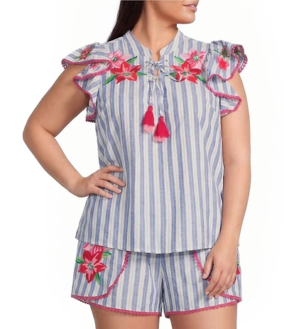 Sugarlips Plus Size Kessie Floral Embroidered Stripe Printed V-Neck Flutter Sleeve Coordinating Linen Top