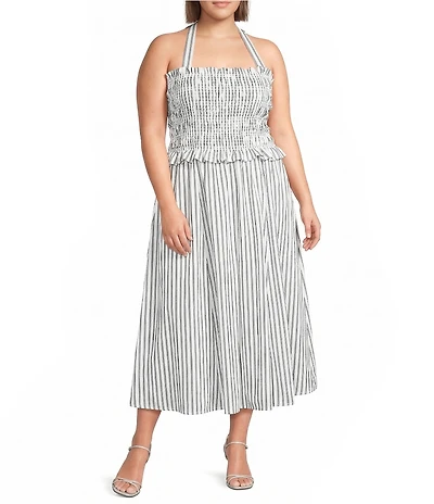 Sugarlips Plus Size Kolin Striped Print Halter Neck Sleeveless Smocked Midi Dress