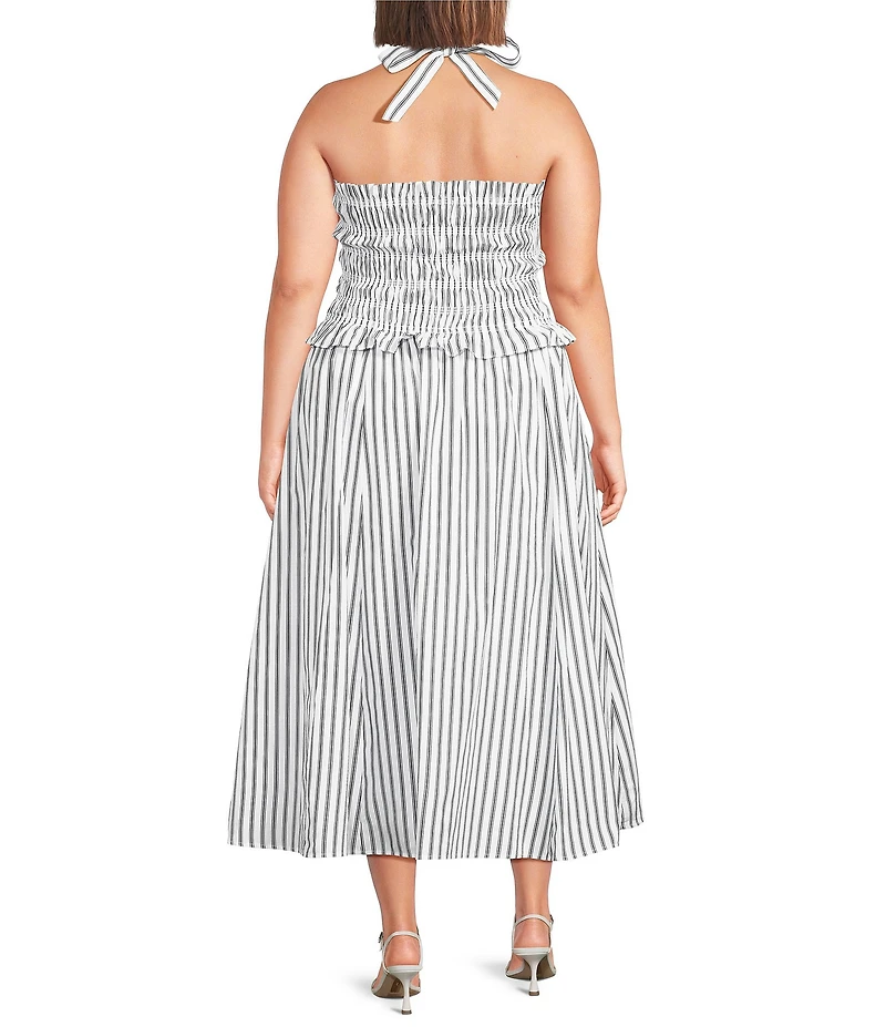 Sugarlips Plus Size Kolin Striped Print Halter Neck Sleeveless Smocked Midi Dress