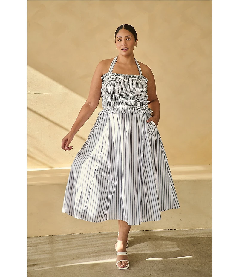 Sugarlips Plus Size Kolin Striped Print Halter Neck Sleeveless Smocked Midi Dress