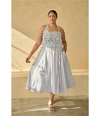 Sugarlips Plus Size Kolin Striped Print Halter Neck Sleeveless Smocked Midi Dress