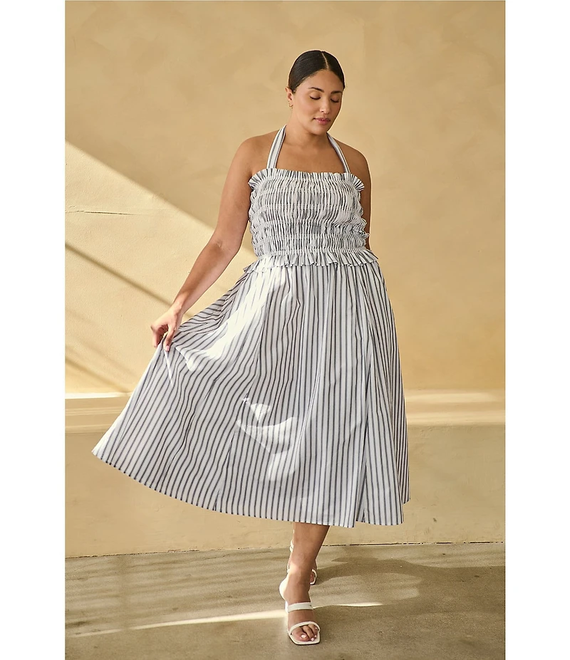 Sugarlips Plus Size Kolin Striped Print Halter Neck Sleeveless Smocked Midi Dress