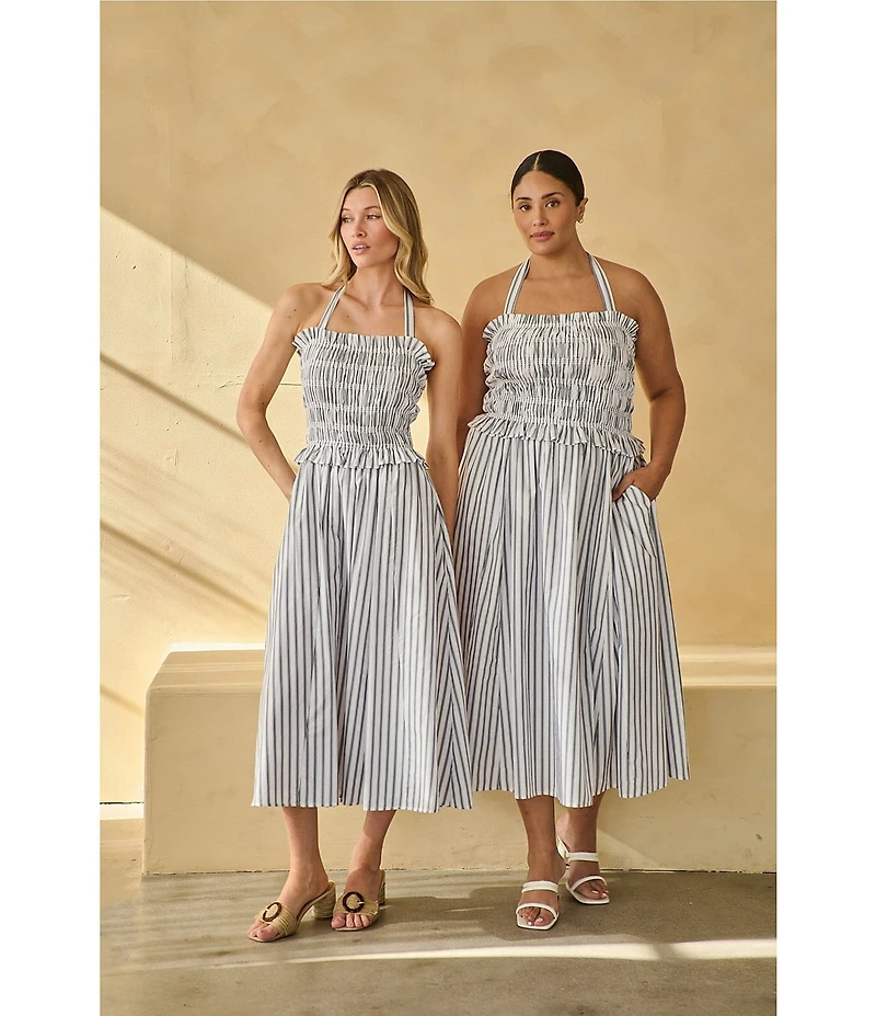 Sugarlips Plus Size Kolin Striped Print Halter Neck Sleeveless Smocked Midi Dress