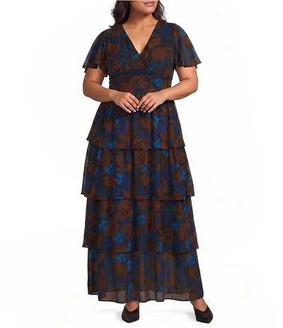 Sugarlips Plus Size Lebanon Floral Amabel V-Neck Short Sleeve Tiered Chiffon Maxi Dress