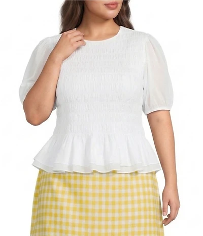 Sugarlips Plus Size Lively Smocked Crew Neck Ruffle Short Sleeve Peplum Top
