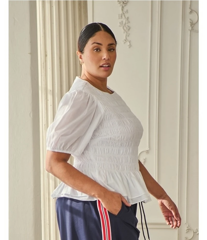 Sugarlips Plus Size Lively Smocked Crew Neck Ruffle Short Sleeve Peplum Top