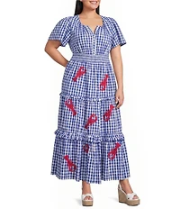 Sugarlips Plus Size Lobster Embroidered Gingham Print Split Neck Short Sleeve Tiered Poplin Maxi Dress