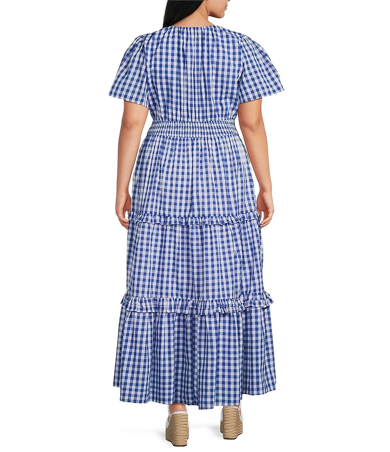 Sugarlips Plus Size Lobster Embroidered Gingham Print Split Neck Short Sleeve Tiered Poplin Maxi Dress