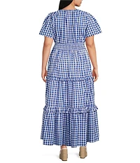 Sugarlips Plus Size Lobster Embroidered Gingham Print Split Neck Short Sleeve Tiered Poplin Maxi Dress