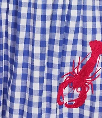 Sugarlips Plus Size Lobster Embroidered Gingham Print Split Neck Short Sleeve Tiered Poplin Maxi Dress