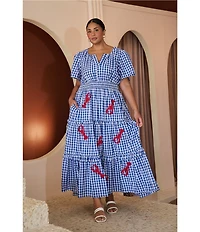 Sugarlips Plus Size Lobster Embroidered Gingham Print Split Neck Short Sleeve Tiered Poplin Maxi Dress