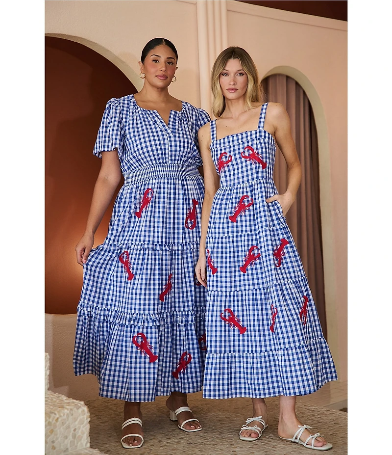 Sugarlips Plus Size Lobster Embroidered Gingham Print Split Neck Short Sleeve Tiered Poplin Maxi Dress